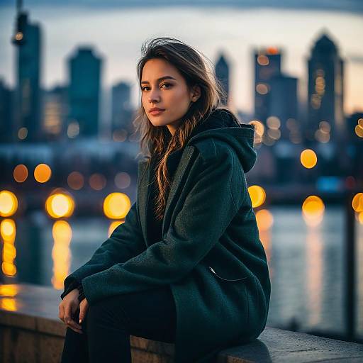 Young Woman Sitting by Waterfront with Evening City Skyline and Bokeh Lights