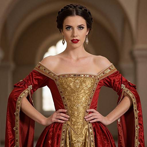 Woman in Elegant Red and Gold Renaissance Style Dress in Historical Setting