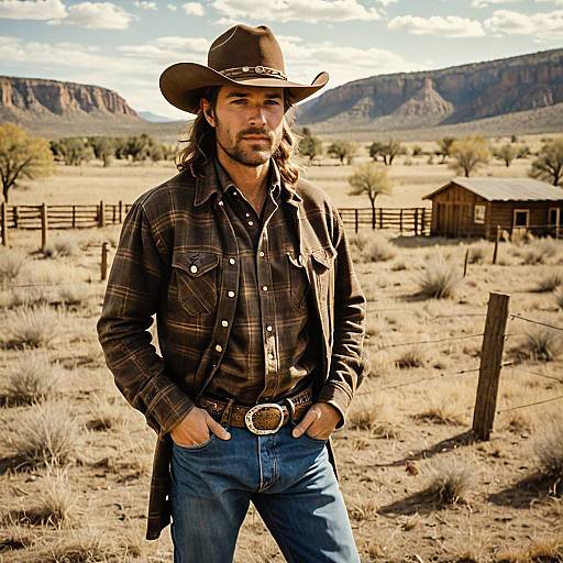 Western Cowboy Man in Rustic Rural Landscape with Mountains
