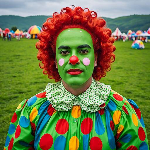 Colorful Clown in Vibrant Polka Dot Costume at Outdoor Festival