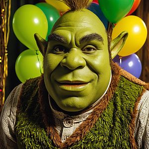 Close-up of a man in green ogre makeup with festive backdrop