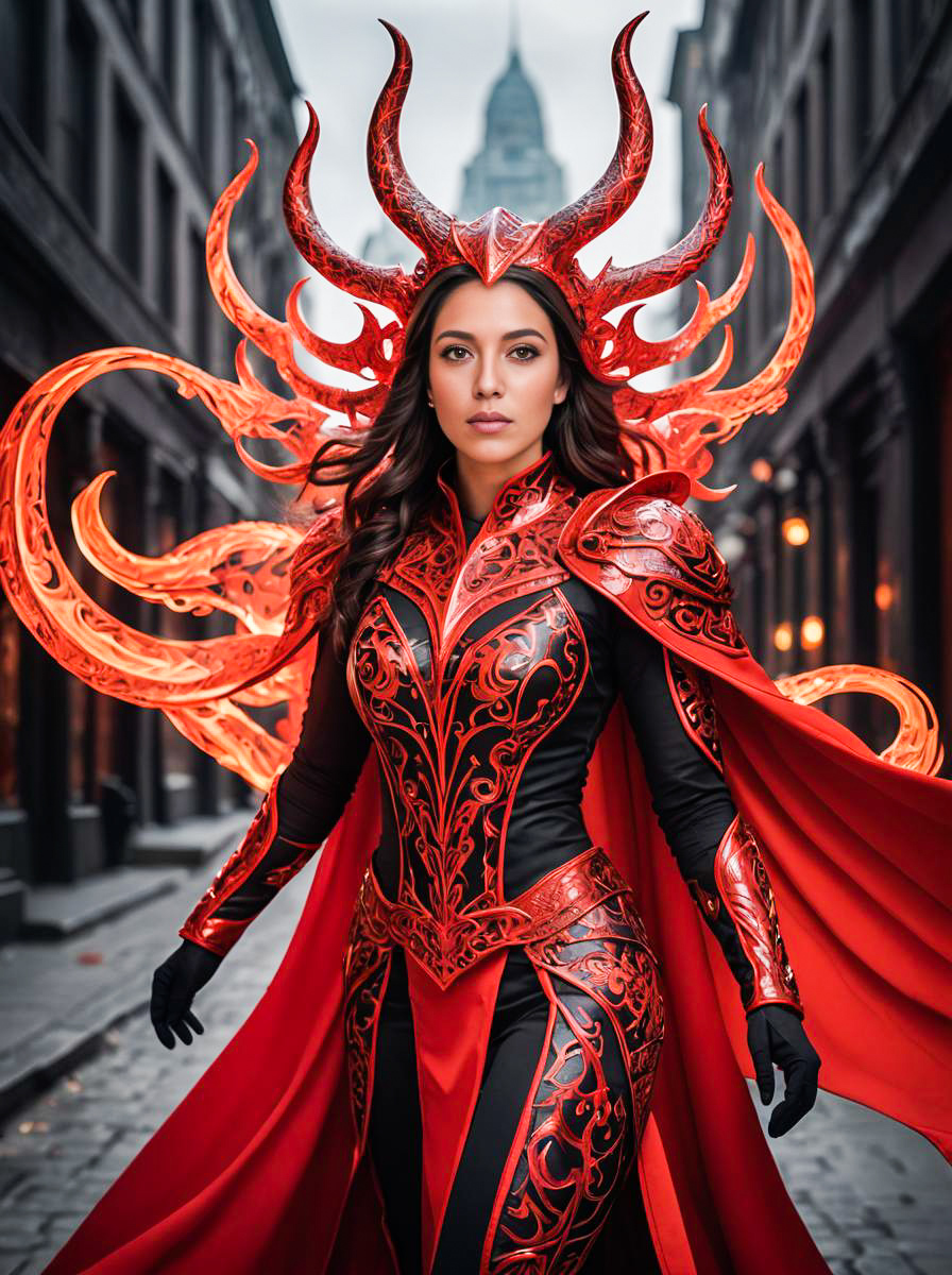 Woman in Fiery Fantasy Costume with Horns