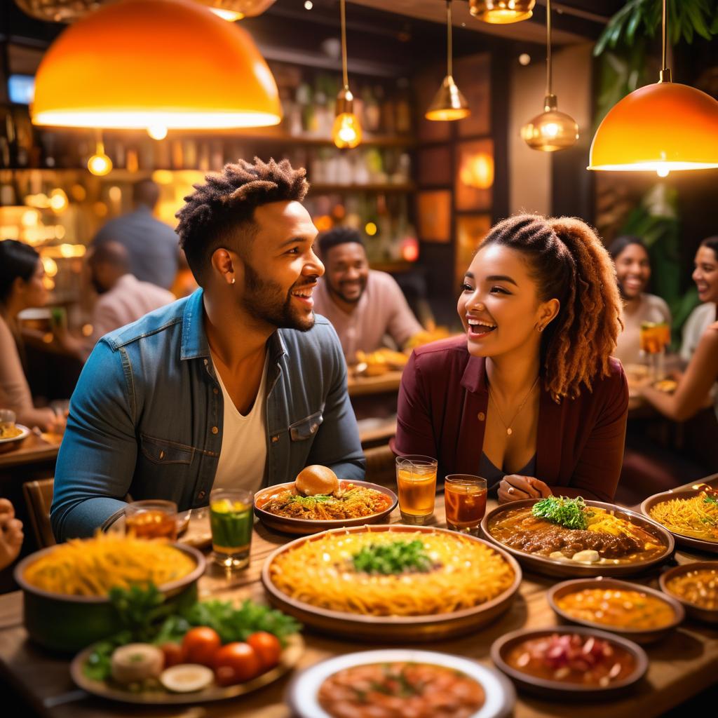 Joyful Couple Enjoying Cozy Dinner in Vibrant Restaurant