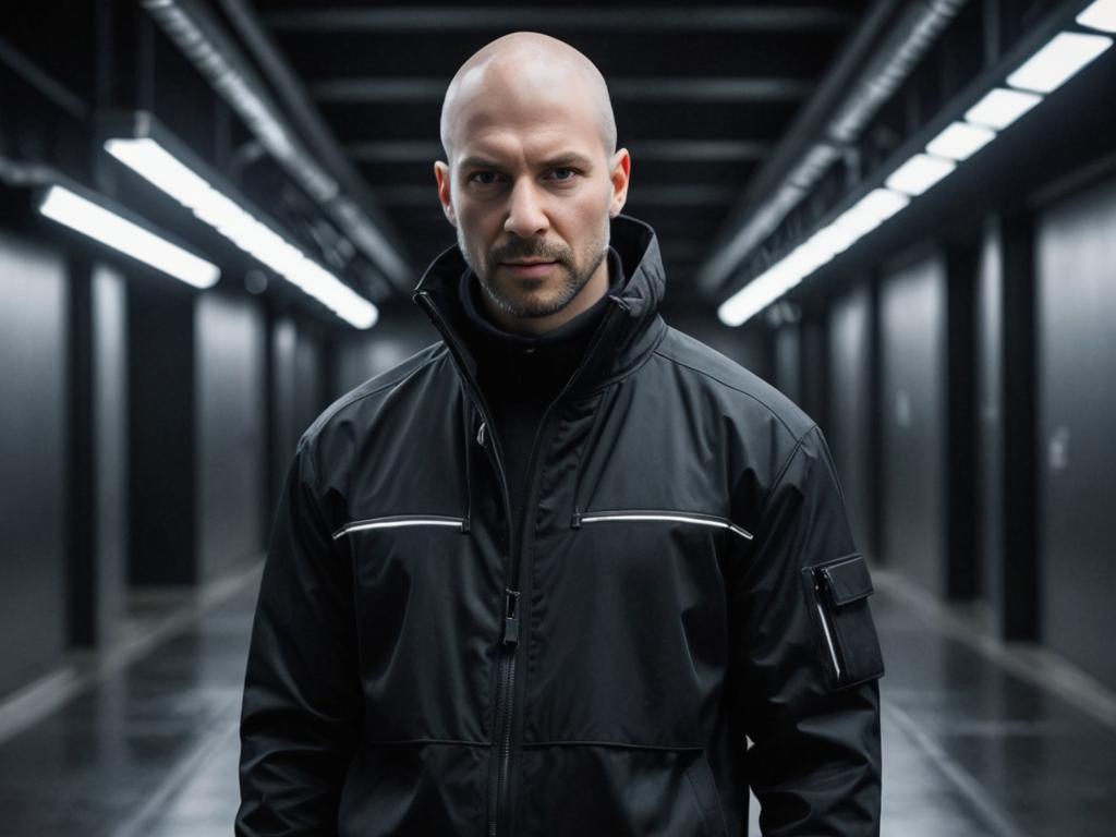 Confident Man in Futuristic Hallway