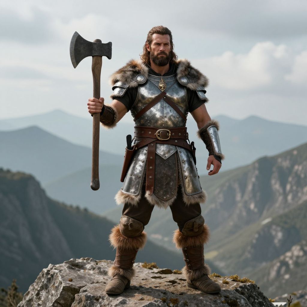Warrior Man in Fur-Trimmed Medieval Armor Holding Battle Axe on Mountain