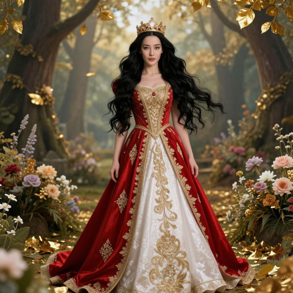 Regal Woman in Red and White Embroidered Gown with Crown in Enchanted Forest