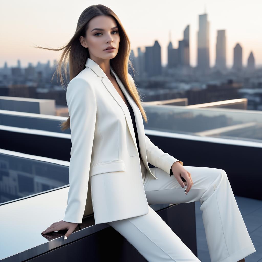 Confident Woman in White Suit Against City Skyline at Sunset