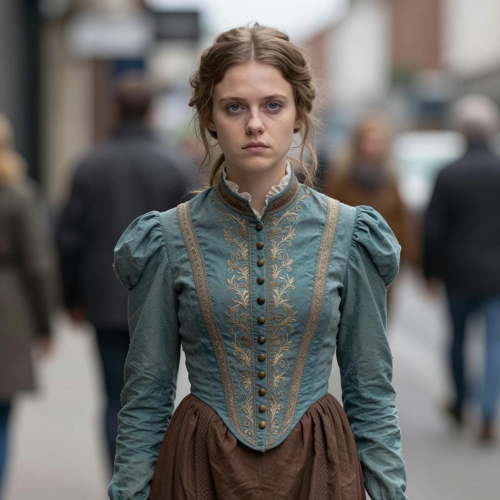 Victorian Woman in Embroidered Dress on City Street