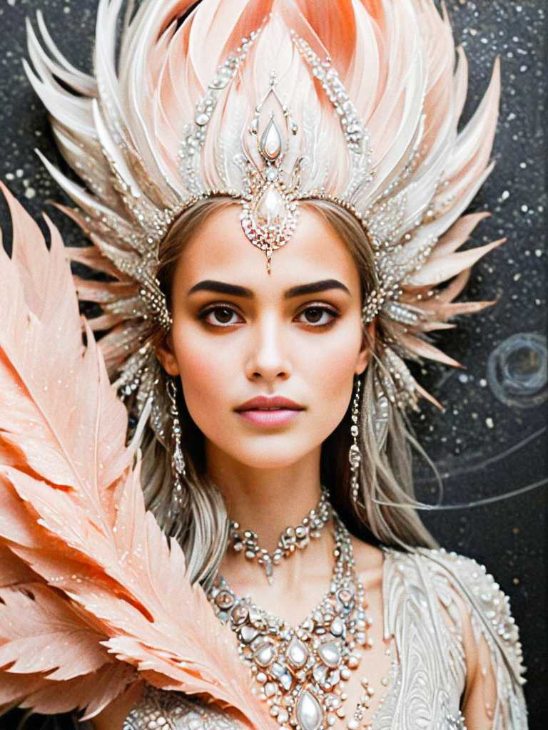Elegant Woman in Feathered Headdress and Pearl Jewelry