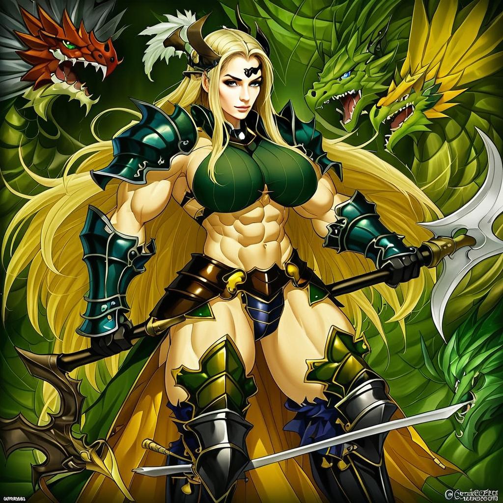 Fantasy Woman Warrior with Dragons and Battle Axe Artwork