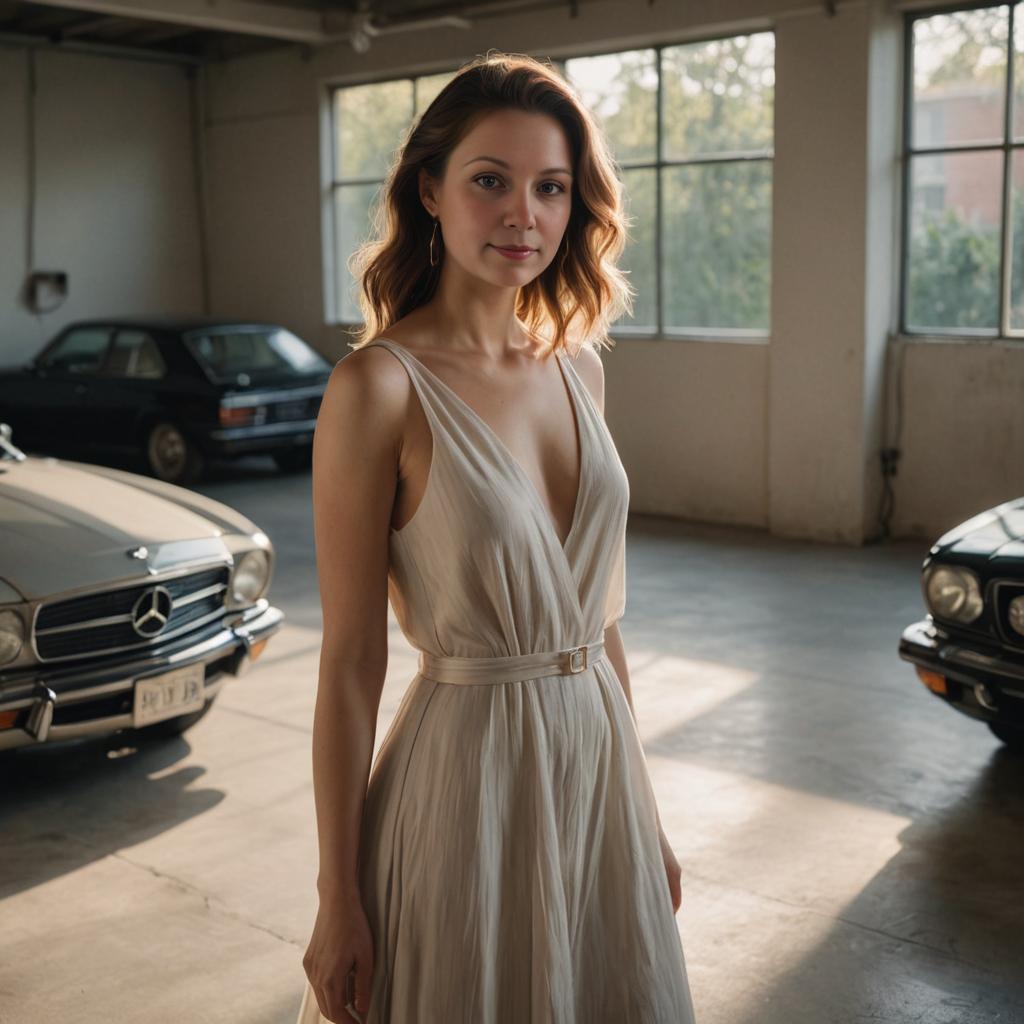 Woman in Flowing Dress in Sunlit Garage with Vintage Cars