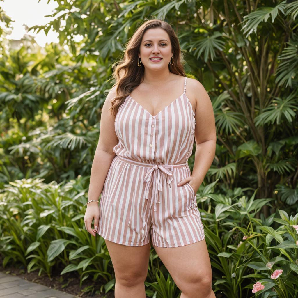 Confident Woman in Chic Striped Romper in Garden