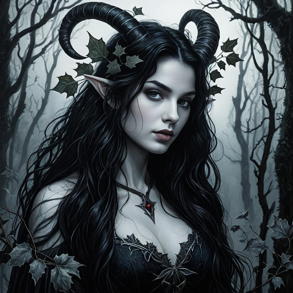 Dark Fantasy Woman with Horns and Elf Ears in Gothic Forest