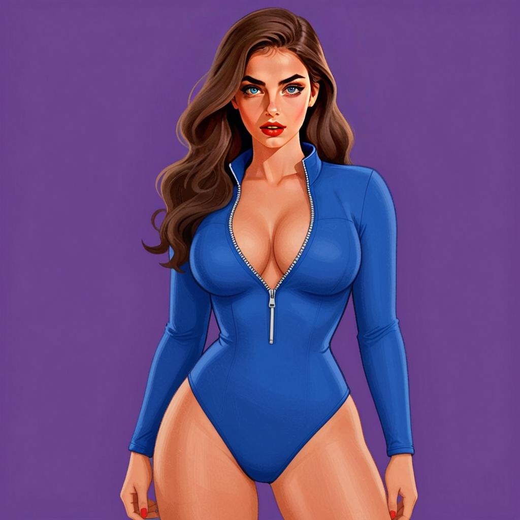 Stylized Digital Portrait of Woman in Blue Bodysuit with Zipper Detail