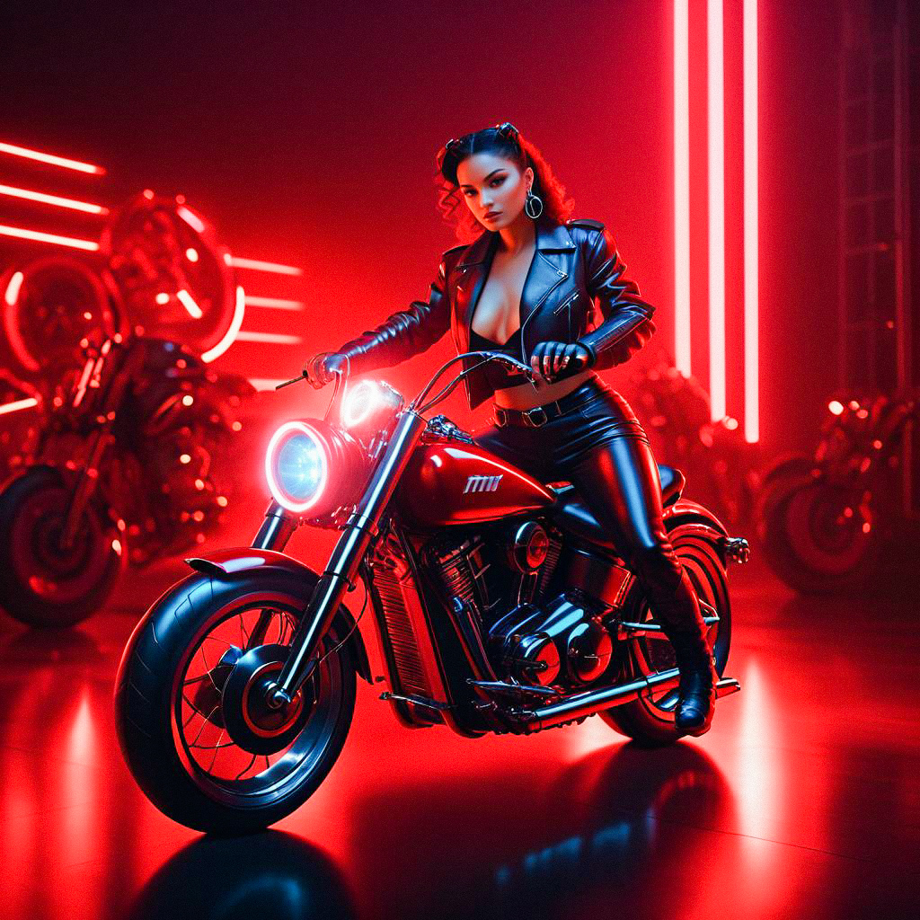 Confident Woman on Red Motorcycle in Neon Lights