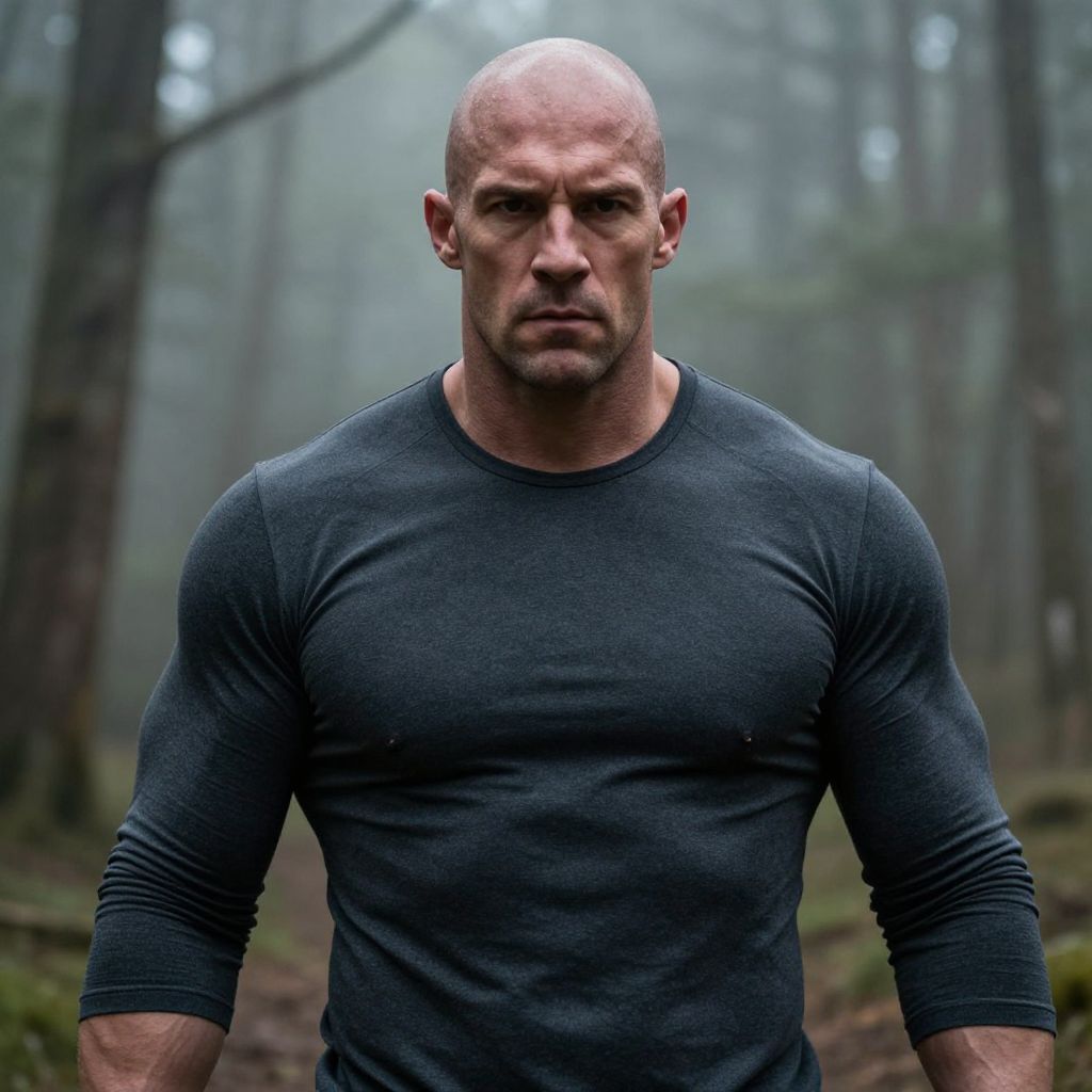 Muscular Bald Man with Intense Expression in Misty Forest Wearing Gray Shirt