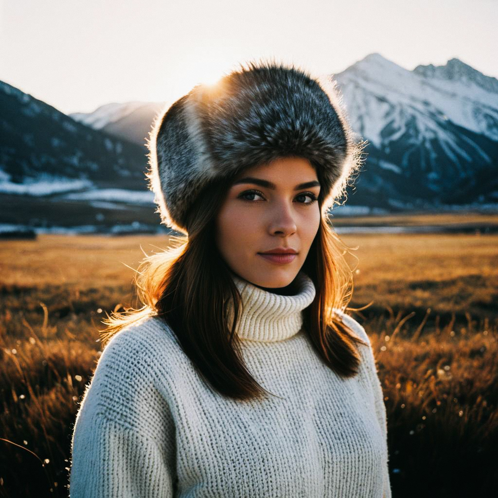 Young Woman in Fur Hat in Golden Meadow with Mountains