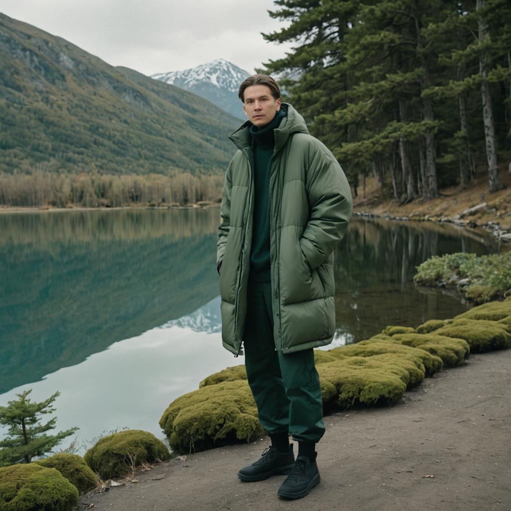 Trendy Man in Oversized Outerwear by Mountain Lake