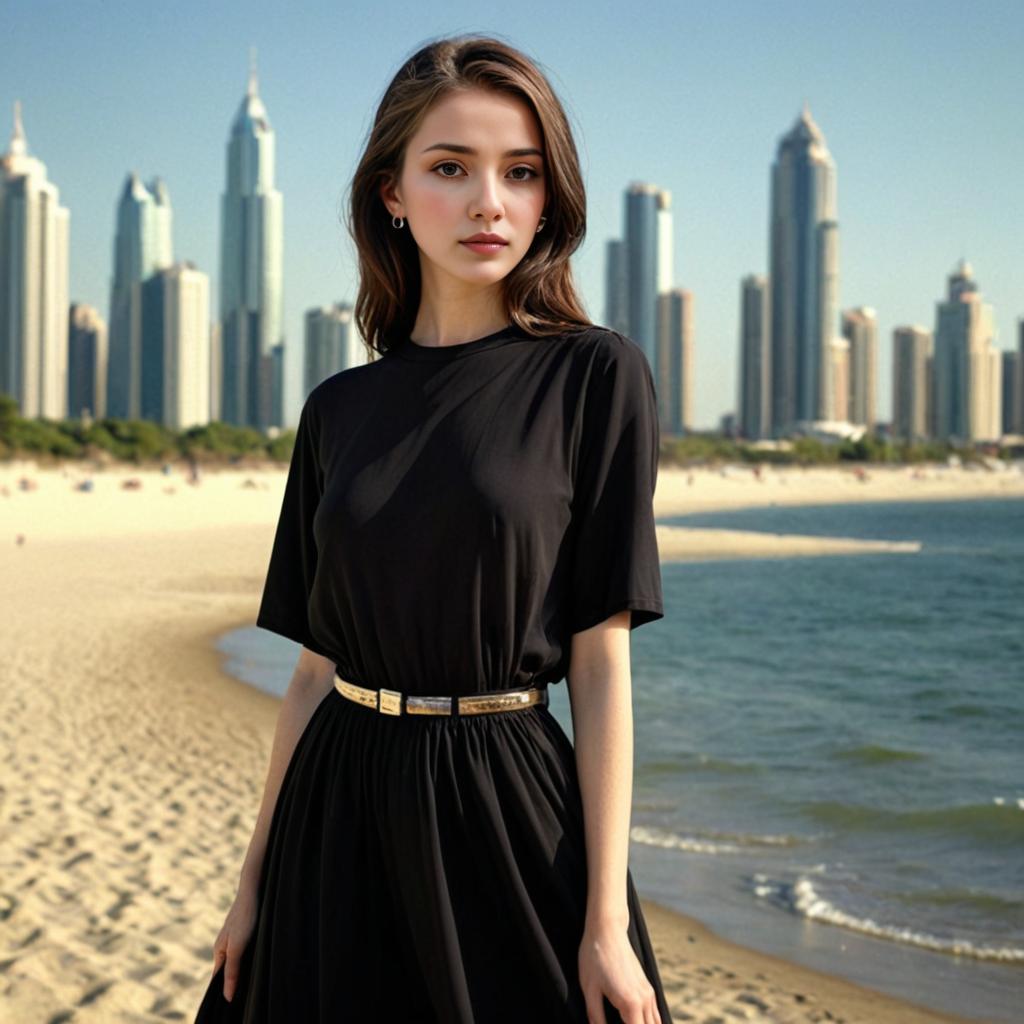 Woman in Black Dress on Beach with City Skyline