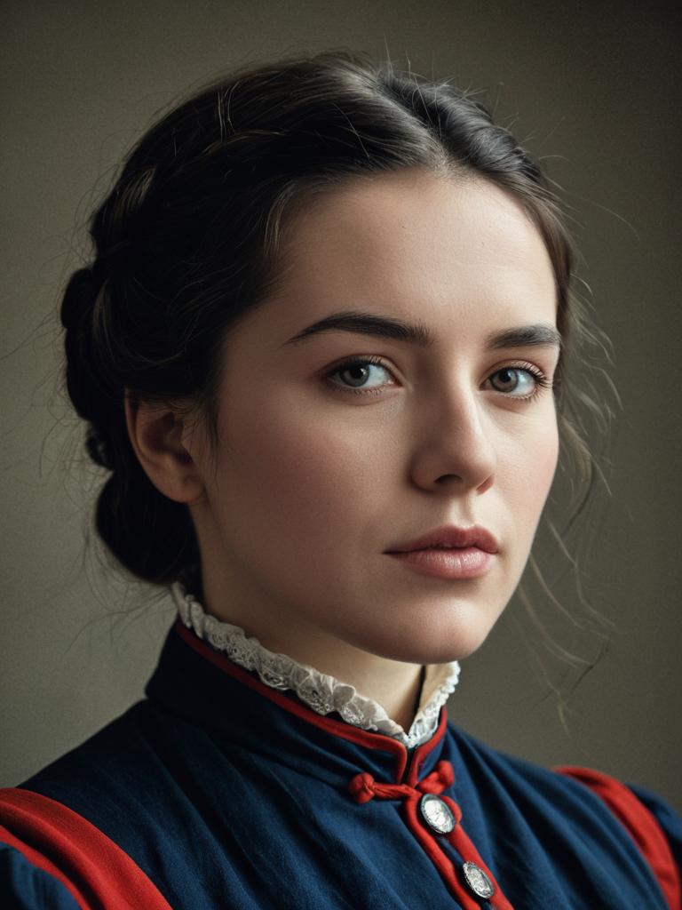 Close-up Portrait of Young Woman in 19th Century Dress