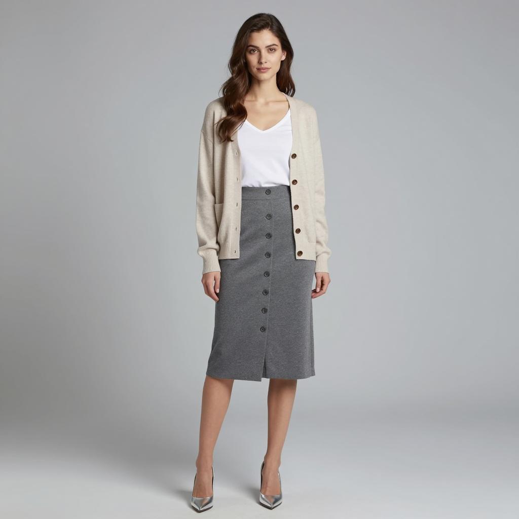 Woman in Beige Cardigan and Gray Button Front Skirt Fashion Outfit