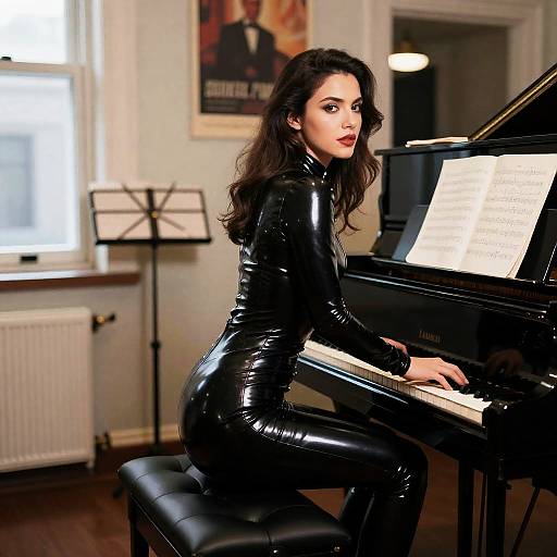 Young Woman in Black Latex Outfit Playing Grand Piano Indoors