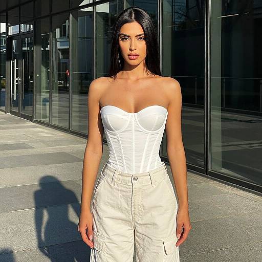 Stylish Woman in White Corset Top and Cargo Pants Outdoors