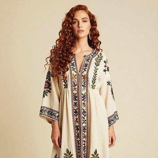 Bohemian Embroidered Dress Worn by Woman with Curly Red Hair
