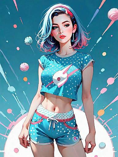 Sporty Young Woman in Vibrant Cobalt Blue Cotton Bralette and Shorts - Anime Style Illustration