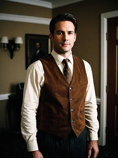 Man Wearing Brown Suede Vest and Tie Standing Indoors