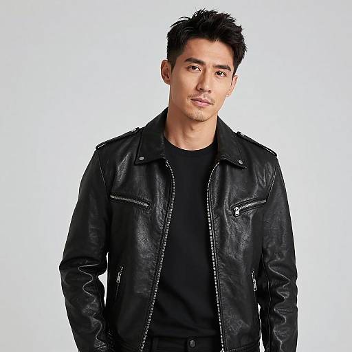 Young Man Wearing Black Leather Jacket in Modern Gen Z Fashion Style