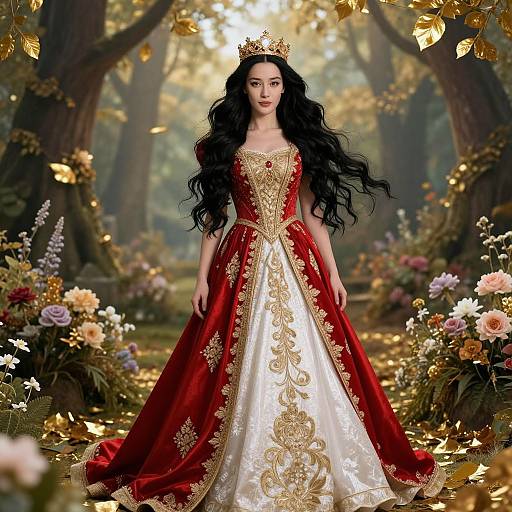 Regal Woman in Red and White Embroidered Gown with Crown in Enchanted Forest