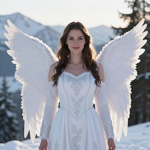 Woman in White Angel Costume with Wings in Snowy Mountain Landscape