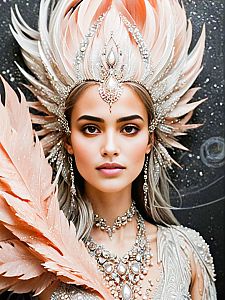 Elegant Woman in Feathered Headdress and Pearl Jewelry