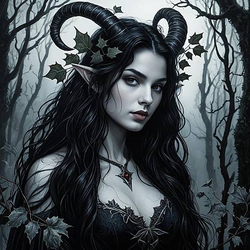 Dark Fantasy Woman with Horns and Elf Ears in Gothic Forest