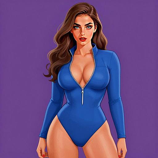 Stylized Digital Portrait of Woman in Blue Bodysuit with Zipper Detail