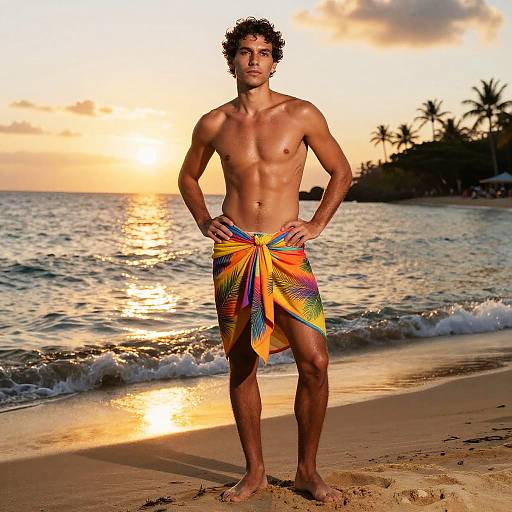 Young Man in Tropical Sarong on Beach at Sunset