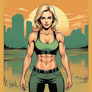 Empowered Woman in Vibrant Cityscape at Sunset