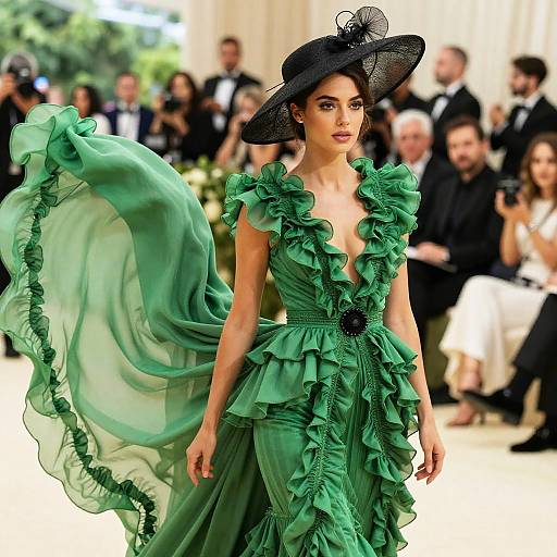 Elegant Woman in Flowing Green Ruffled Dress with Black Hat on Fashion Runway