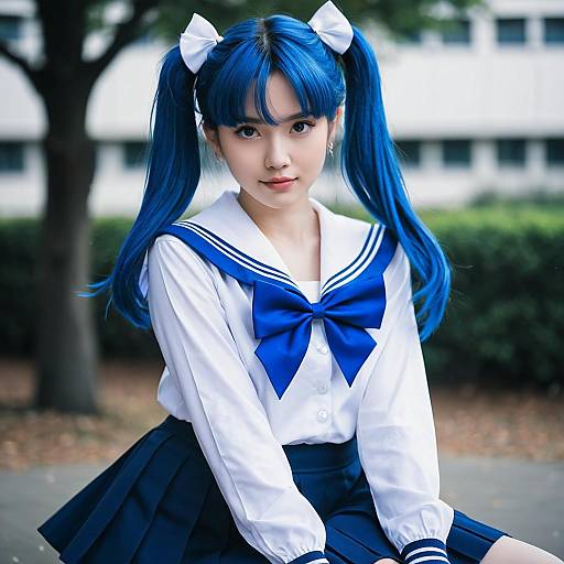 Realistic Cosplay of Sailor Moon Costume with Blue Twin Tails and School Uniform