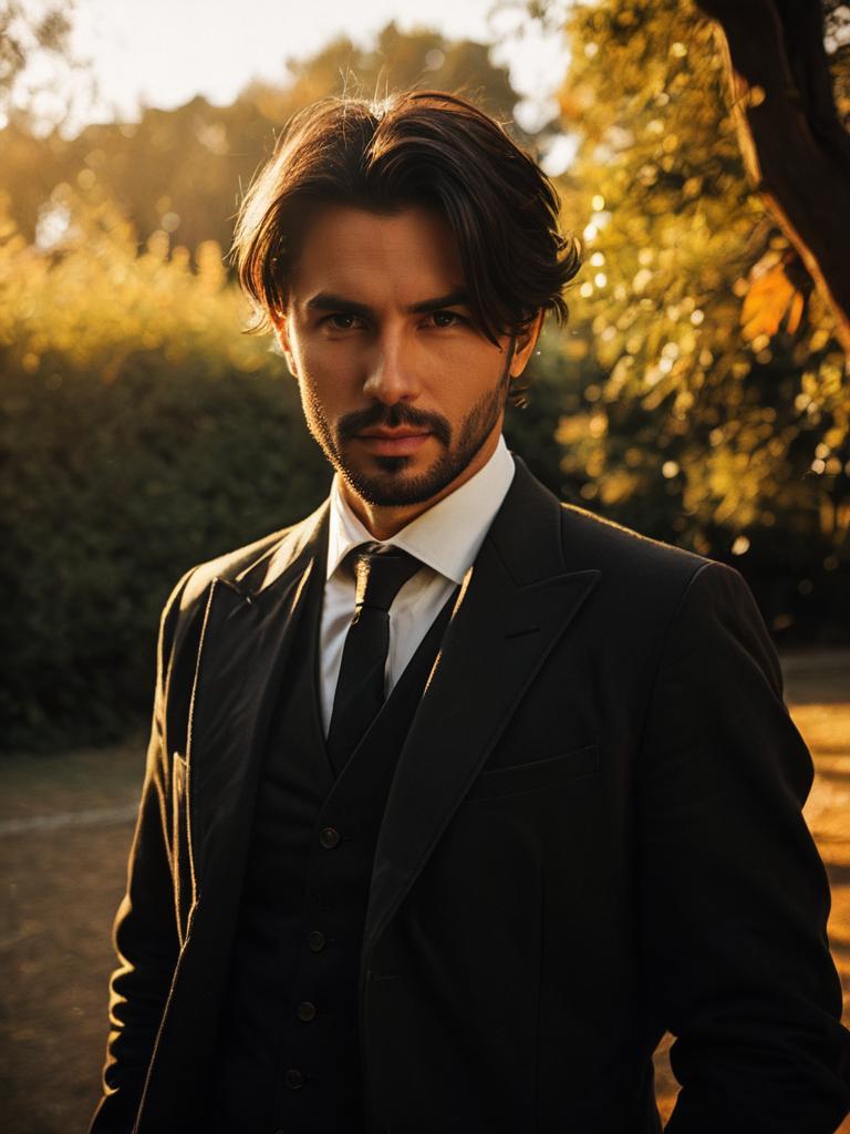 Man in Sharp Black Suit Cosplay Portrait During Golden Hour
