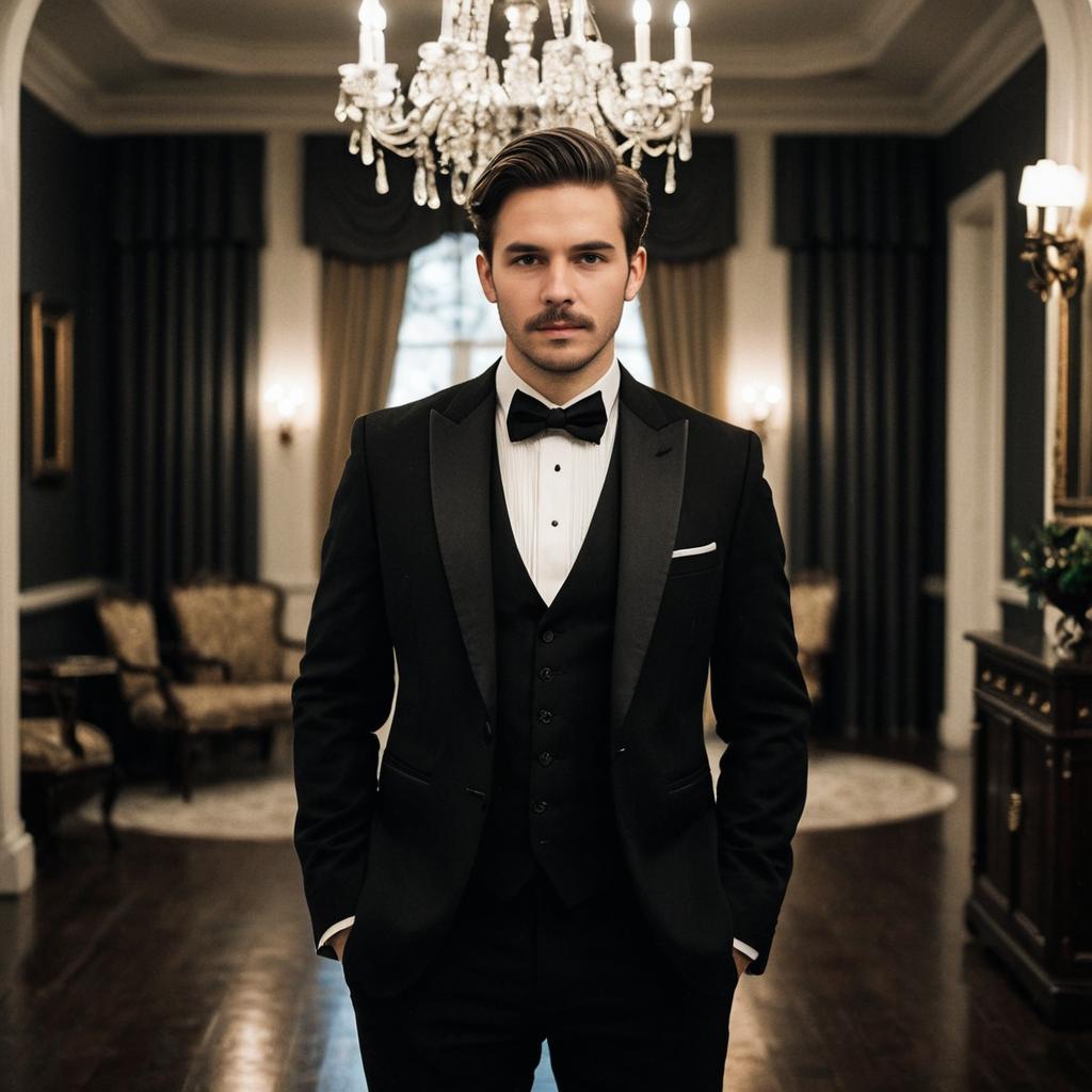 Man in Classic Black Tuxedo with Bow Tie in Elegant Formal Room