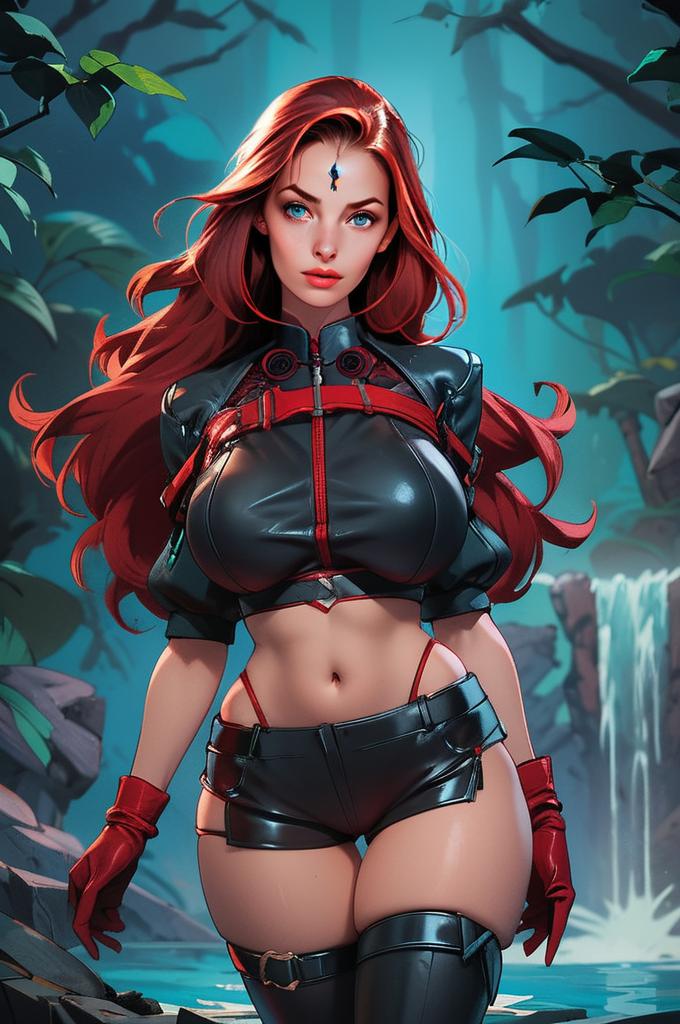 Fantasy Cyberpunk Woman in Futuristic Outfit with Waterfall Background