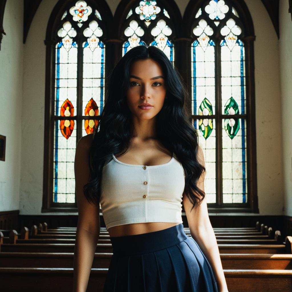 Confident Woman in Church with Stained Glass