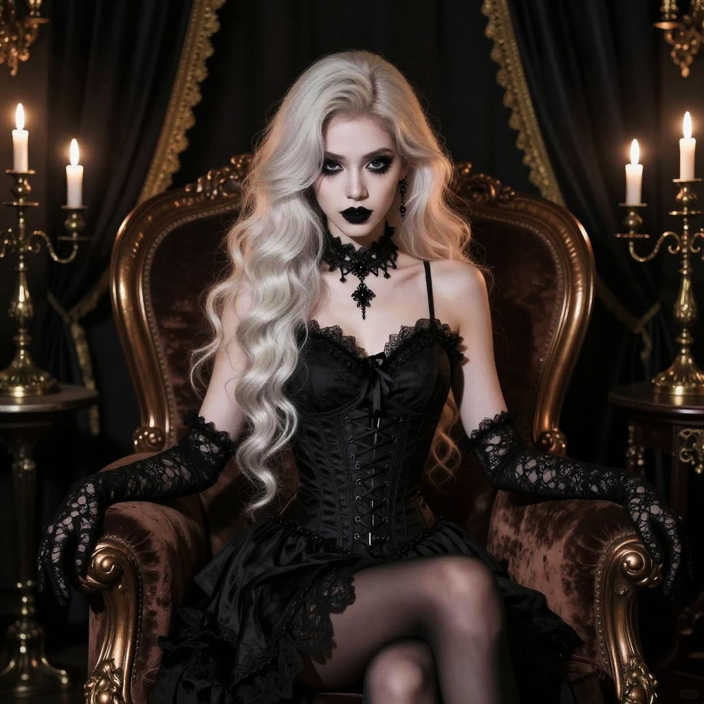 Gothic Victorian Woman in Black Corset Dress Sitting on Vintage Chair