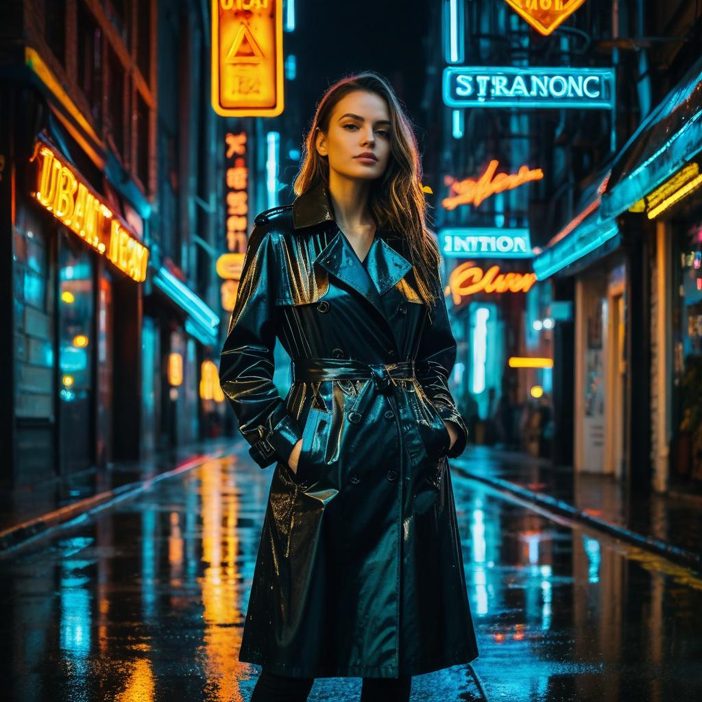 Woman in Black Trench Coat on Neon-Lit Rainy Urban Street