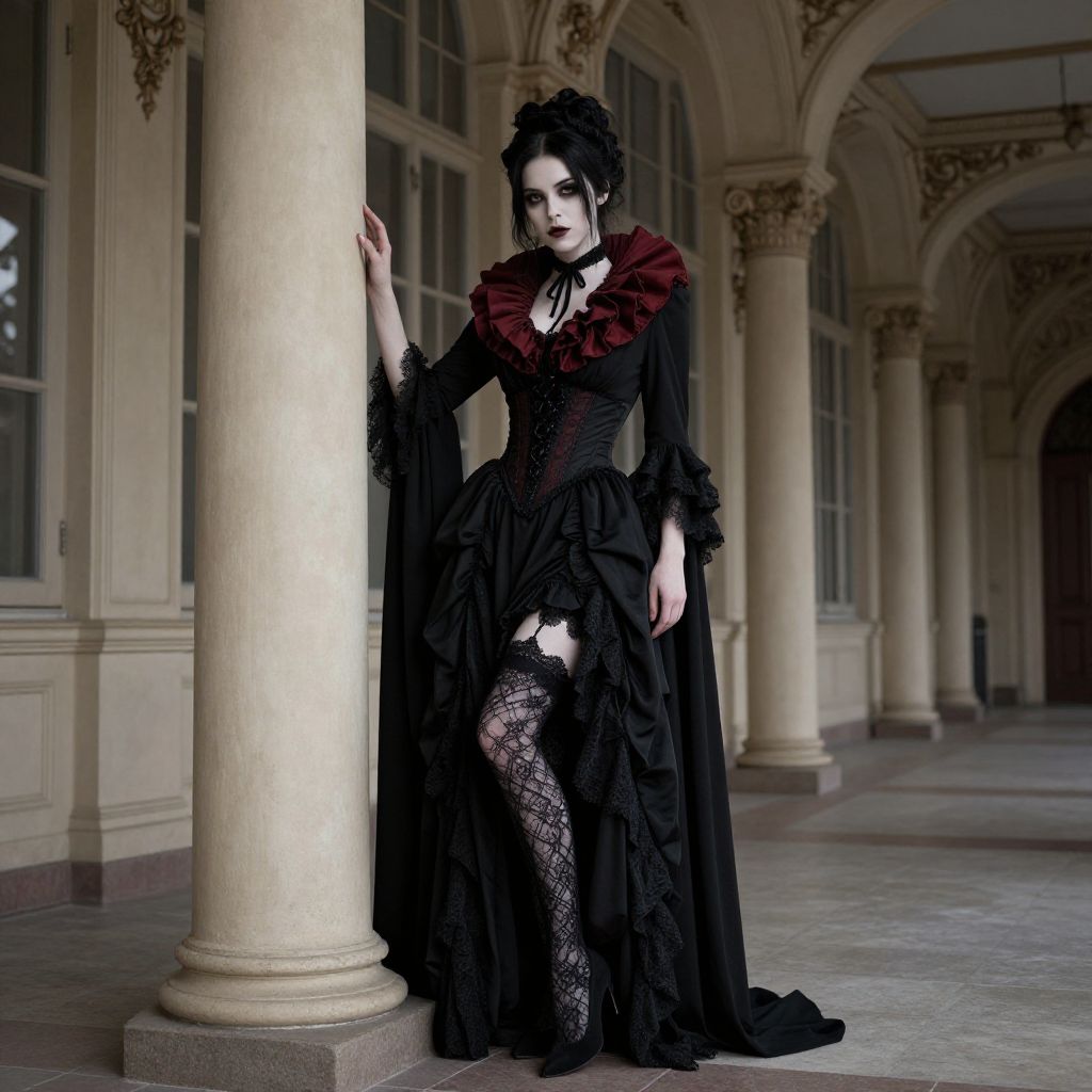 Gothic Victorian Woman in Elegant Dark Dress by Historic Columns