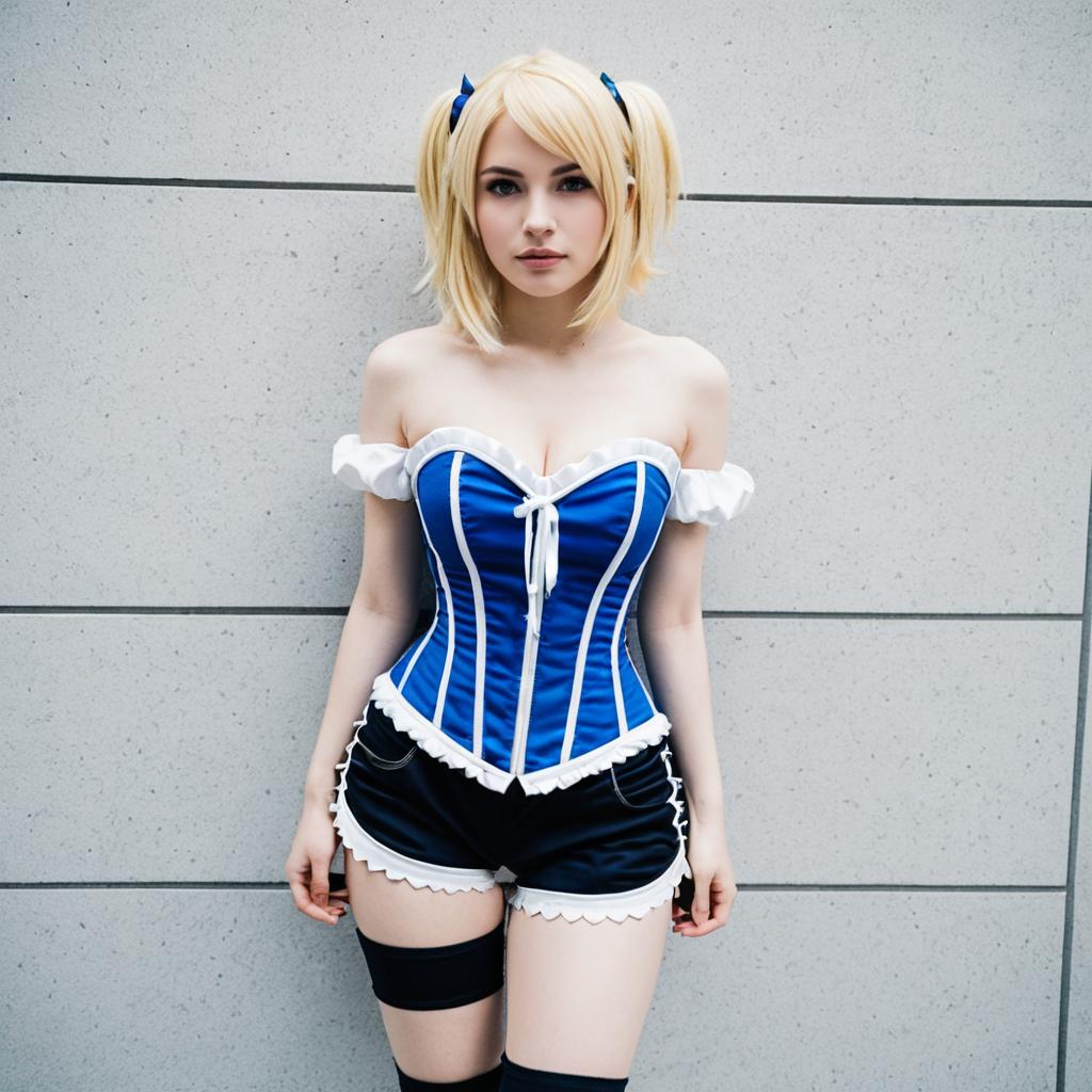 Cosplay Woman in Blue White Corset and Shorts with Blonde Twin Ponytails