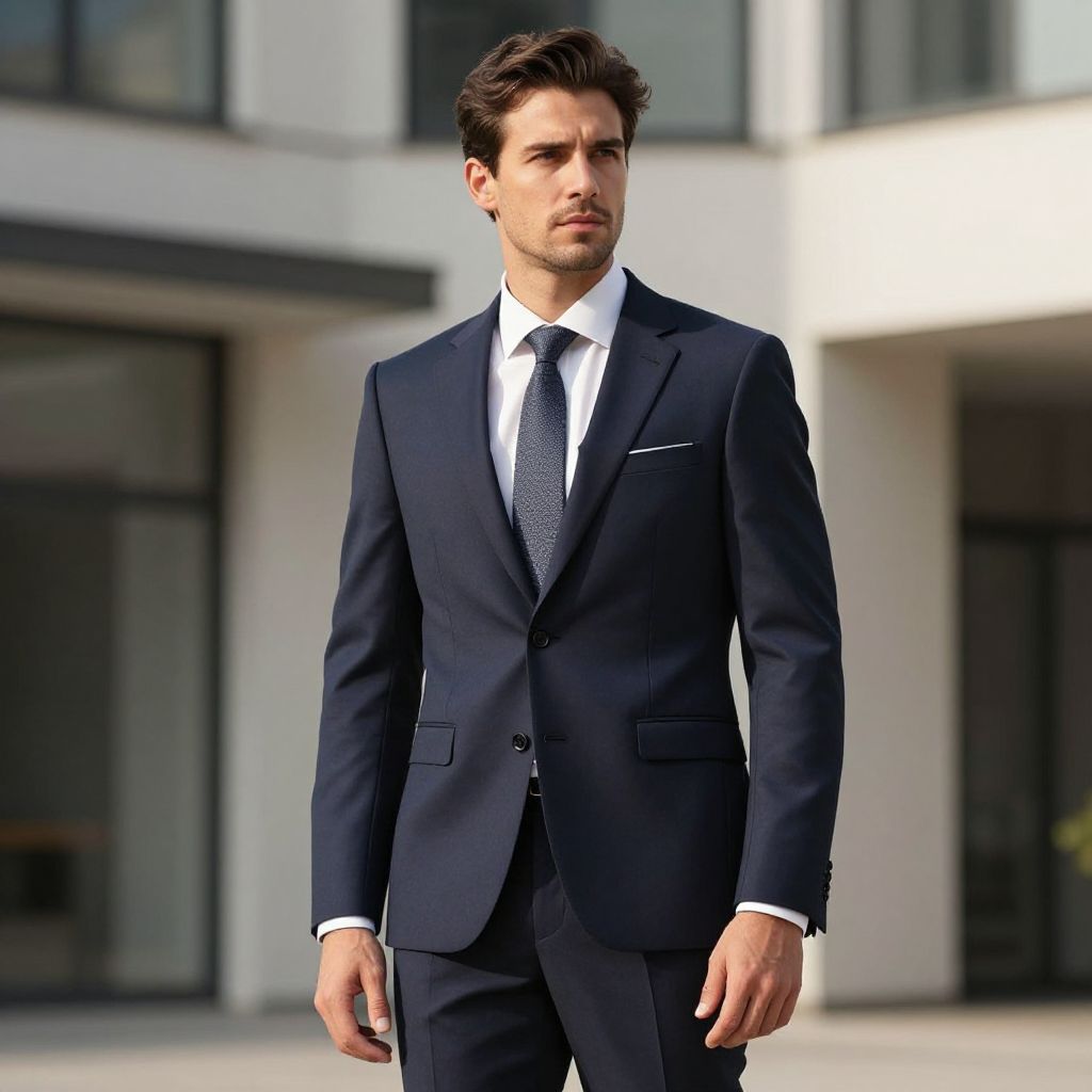 Confident Man Wearing Navy Blue Suit and Tie in Urban Setting