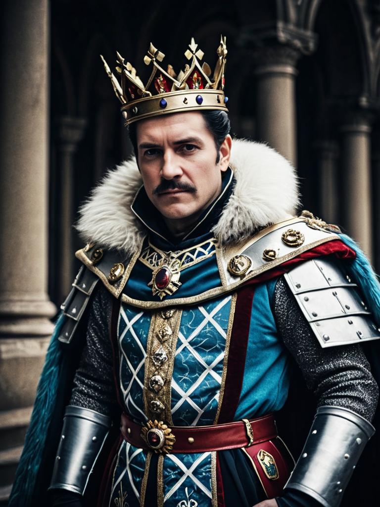 Photorealistic Man in Medieval King Costume with Crown and Armor